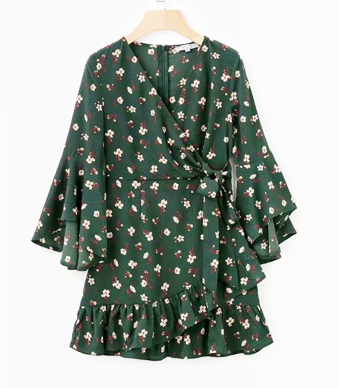 yinlinhe White Floral Autumn Dress Long Flare Sleeve Slim Waist Women Wrap Dress Bow Tie V neck Bodycon Ruffles Vestido 12dd