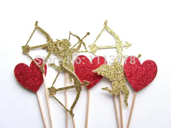 

Heart, Cupid, Bow and Arrow Cupcake Toppers, Glitter Heart Cupcake Toppers, Valentine's Day Party Wedding Engagement