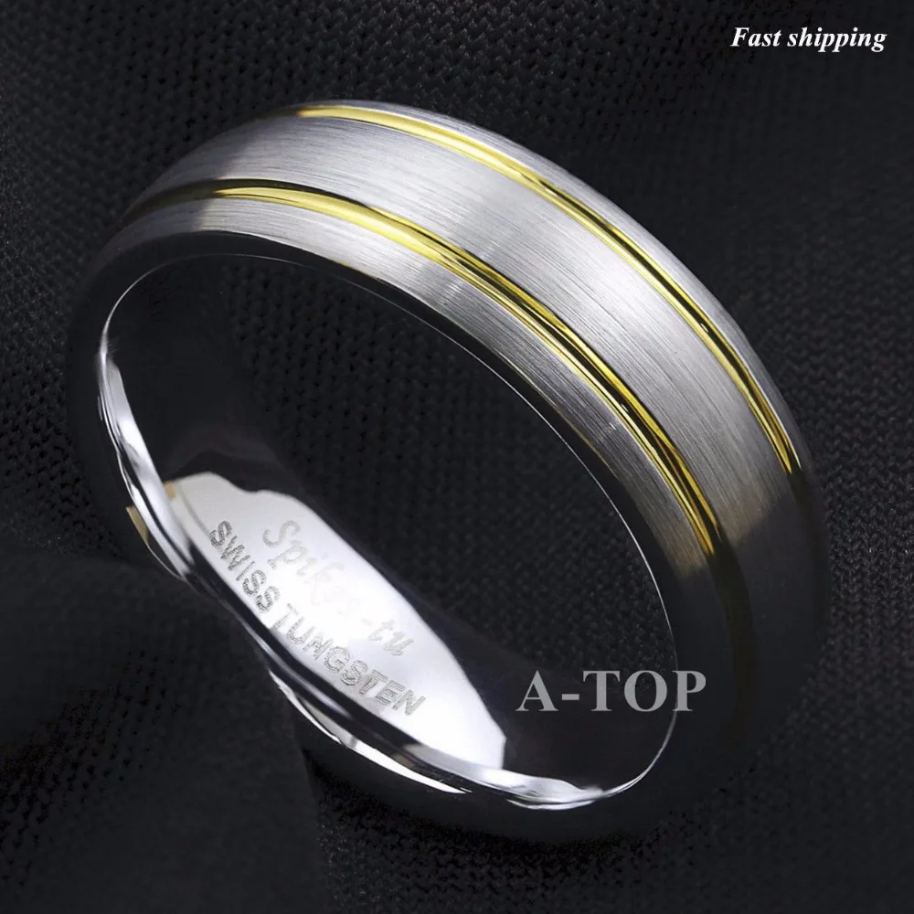 

8mm Dome Silver brushed Tungsten ring Gold inlay men's jewelry wedding ring Free Shipping