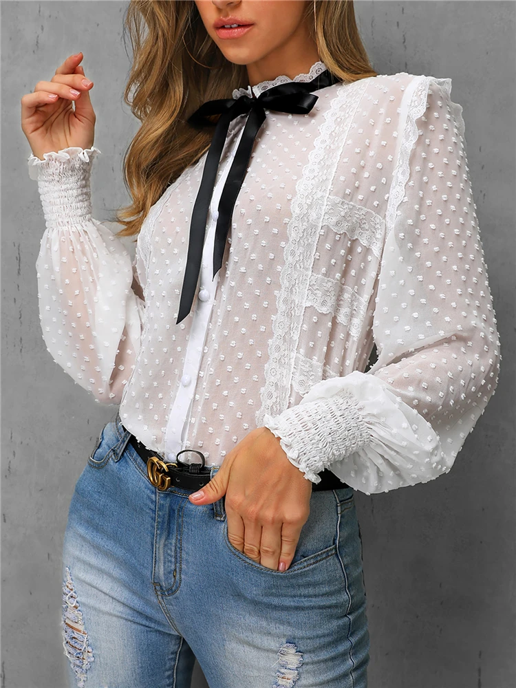 Summer Women Elegant White Stylish Office Blouse Female Shirring Cuff Top Contrast Tied Neck Lace Casual Shirt
Summer Women Elegant White Stylish Office Blouse Female Shirring Cuff Top Contrast Tied Neck Lace Casual Shirt
