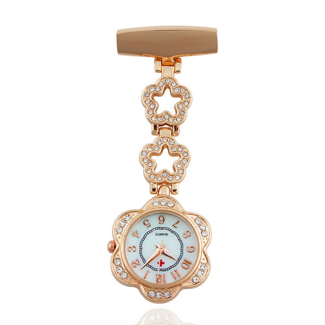 Clip-on Women Pocket Watch Quartz Brooch Fob Hanging Pin Watch Crystal Alloy Hollow Star Heart Pocket Watch Clock