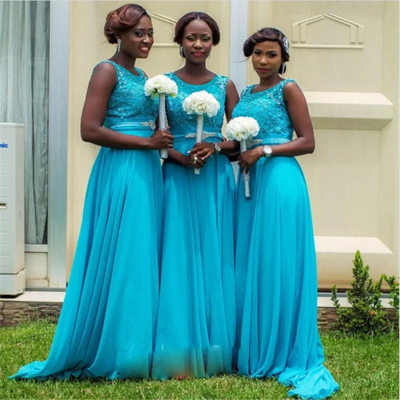 2017 Chiffon A-Line Blue Bridesmaid Sleeveless O-neck with beaded applique detail Gowns | Свадьбы и торжества