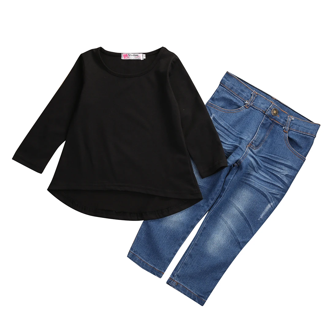2017 Fashion Toddler Kids Clothing Set Baby Girls Solid Black Long T-shirt Tops + Jean Denim Pant 2PCS Outfit Children Suit 1-6Y
2017 Fashion Toddler Kids Clothing Set Baby Girls Solid Black Long T-shirt Tops + Jean Denim Pant 2PCS Outfit Children Suit 1-6Y