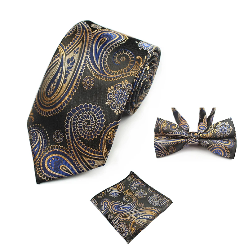 

GUSLESON New Fashion Paisley Tie Set 100% Silk Mens Necktie Pocket Square Gravata Hanky Bowtie Set Mens Tie for Wedding Party