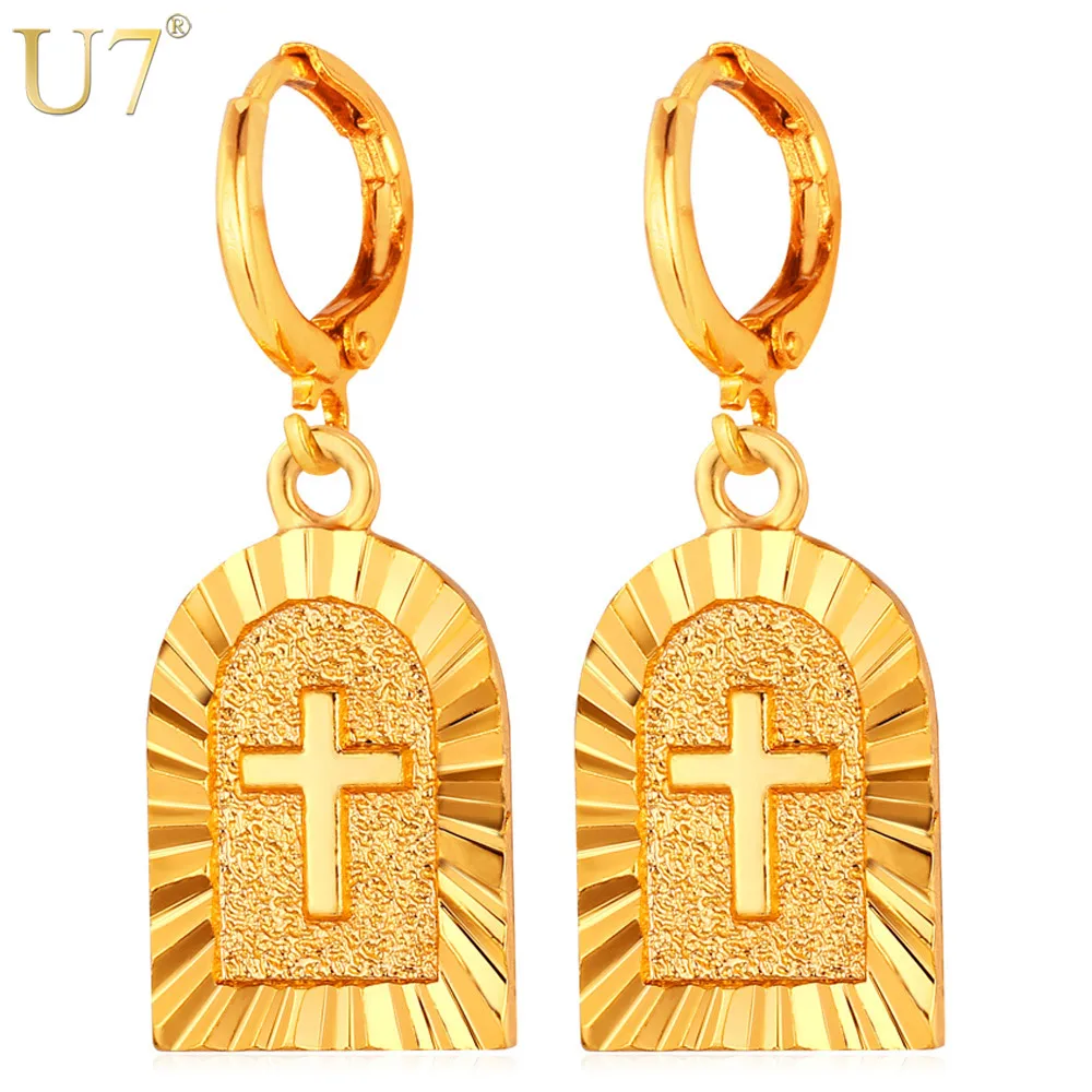 Image 18K Gold Plated Cross Earrings 2015 New Trendy Platinum Plated Religious Jewelry Wholesale Drop Earrings For Women E697