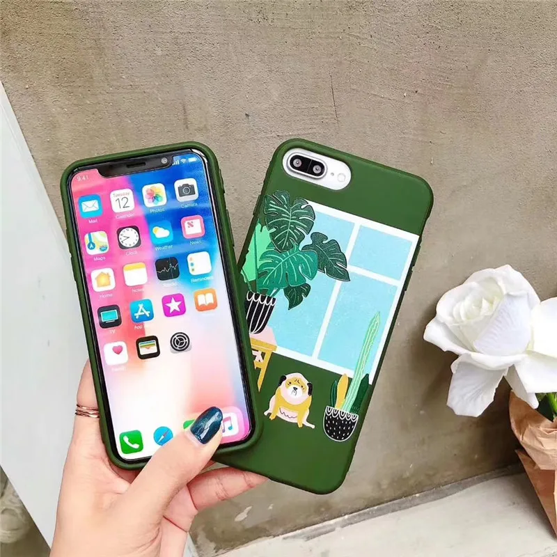 LUDI Cute Cartoon Dog Cactus Phone Case for iPhone 7 7Plus Simple Letters Green Leaves Soft Phone Bags for iPhone X 6 6S 8 Plus 04