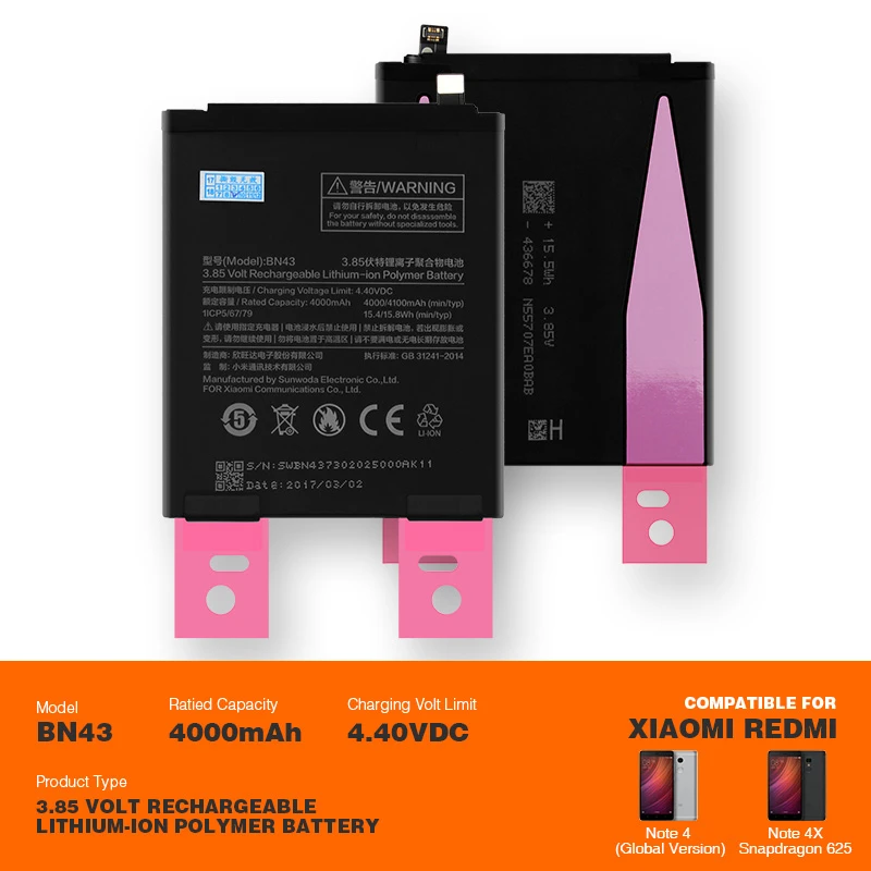 Original BN43 Battery Xiaomi Redmi Note 4 Global Version Charging Batteries 4100mAh Capacity Lithium Polymer Bateria Replacement
Original BN43 Battery Xiaomi Redmi Note 4 Global Version Charging Batteries 4100mAh Capacity Lithium Polymer Bateria Replacement