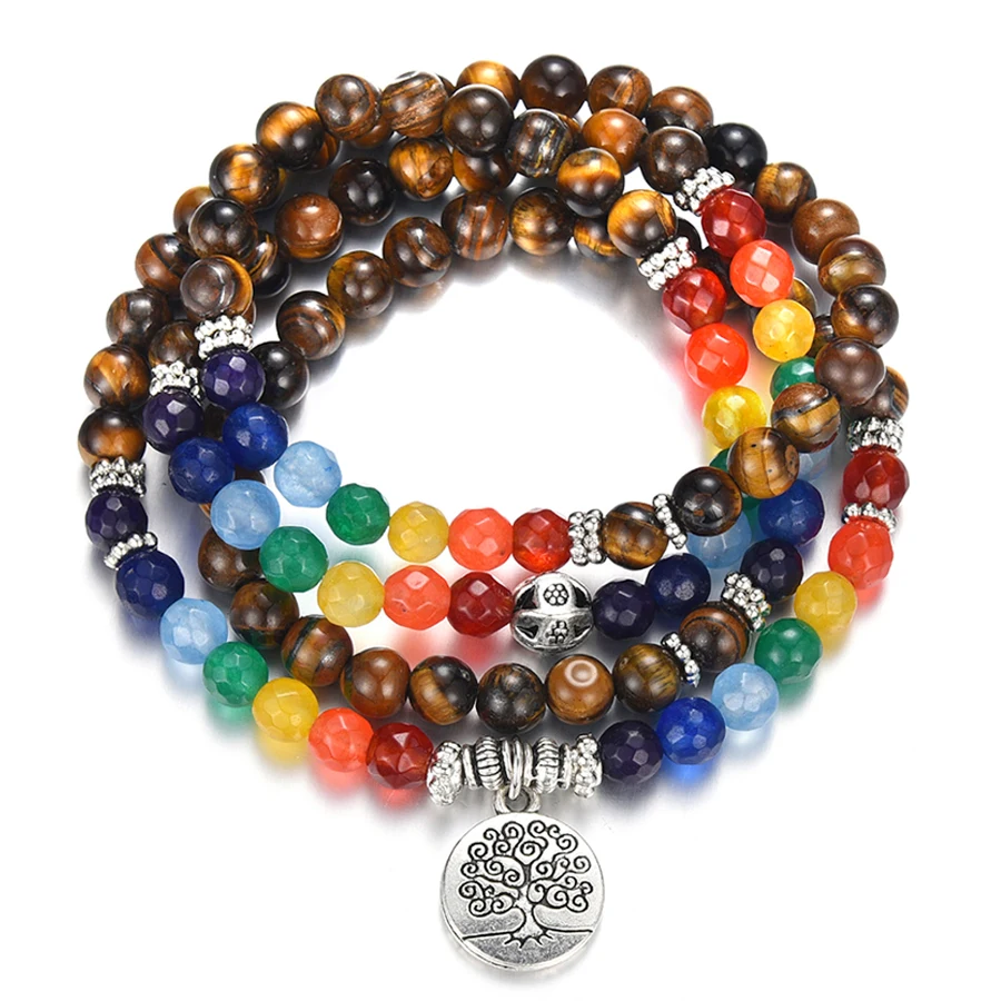 

Life 7 Chakra Bracelet Men Women 108 Beads Mala Buddha Buddhism Healing Tiger Eye Stone 6mm Beaded Layered Bracelet Cabala