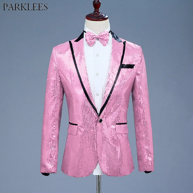 

Pink Sequin One Button Dress Blazers 2018 Brand New Nightclub Prom Men Suit Jacket Wedding Stage Singer Costume (Bowtie Include)