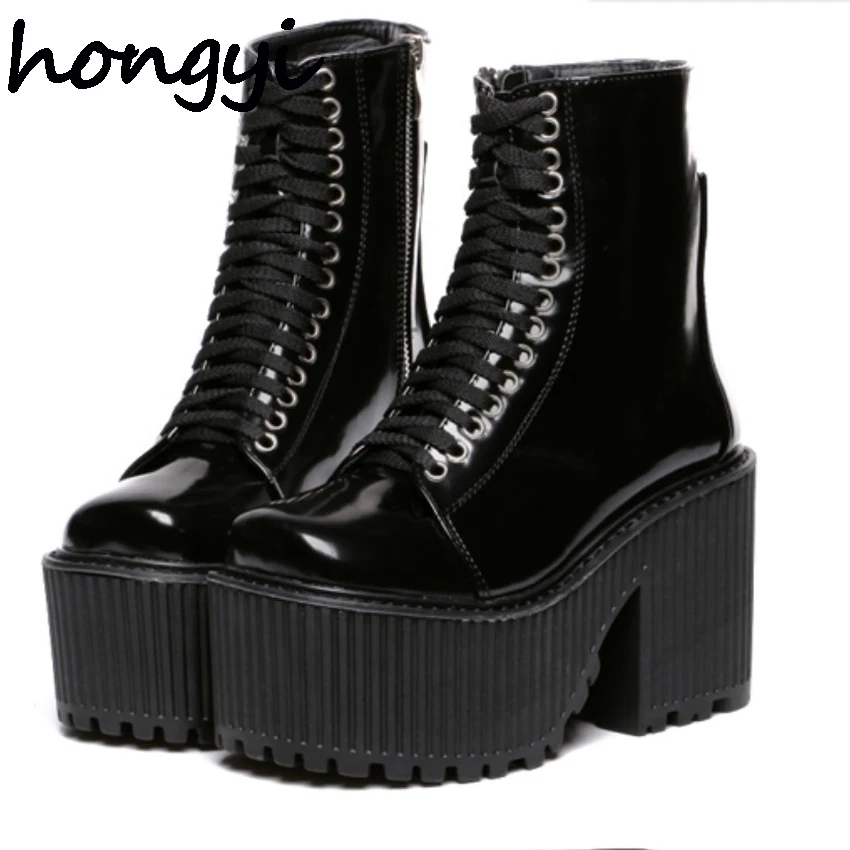 Image Botas Femininas 2016 Women punk hip hop gothic designer motorcycle boots patent leather platform block high heel creepers shoes