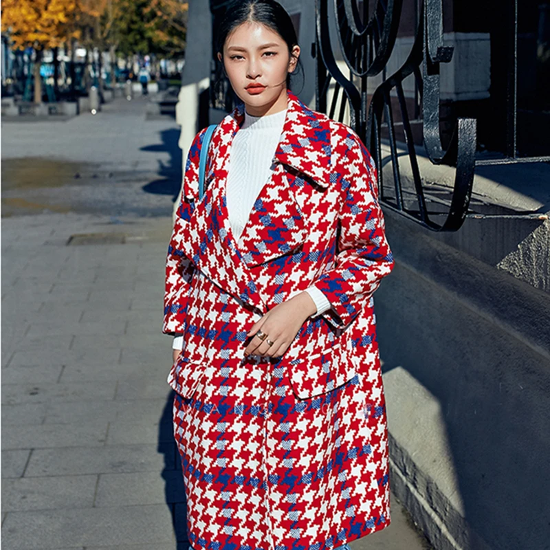 Women Winter Red Houndstooth Woolen Coat Turn-down Collar Outerwear Female Autumn Wool Jacket Plus Size Thick Warm Long Parka R2
Women Winter Red Houndstooth Woolen Coat Turn-down Collar Outerwear Female Autumn Wool Jacket Plus Size Thick Warm Long Parka R2