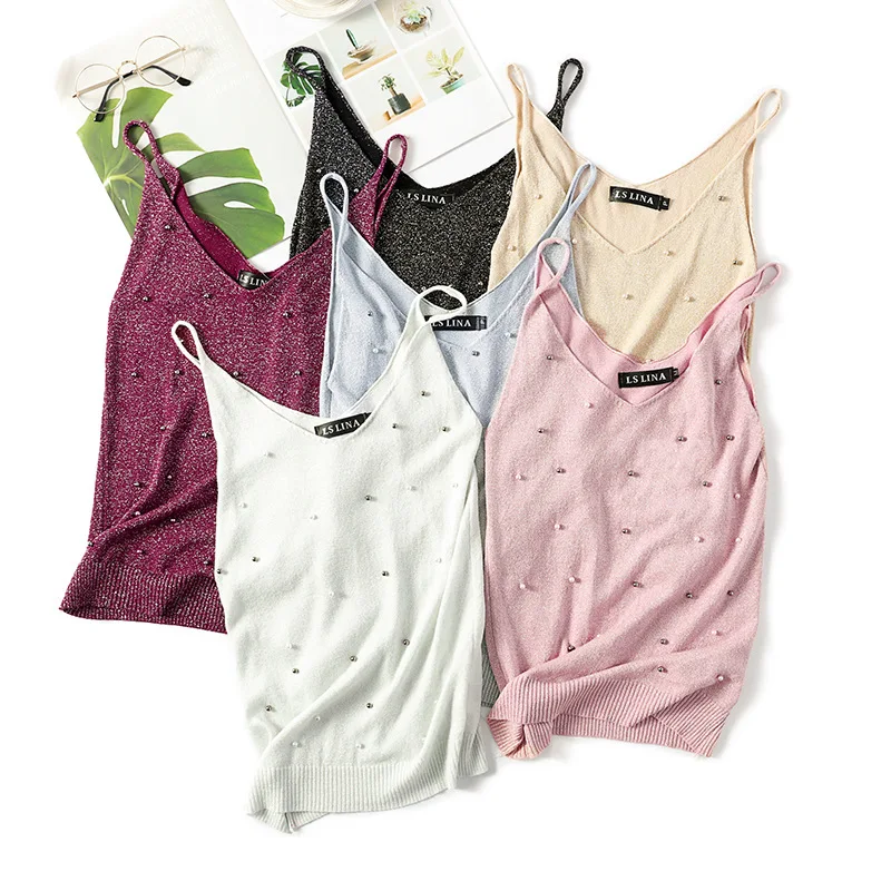 Tank Tops Women 2019 Korean Style Summer Sexy V-neck Pearl Camisole Female Knitted Casual Streetwear Sleeveless Vest Tank tops
Tank Tops Women 2019 Korean Style Summer Sexy V-neck Pearl Camisole Female Knitted Casual Streetwear Sleeveless Vest Tank tops