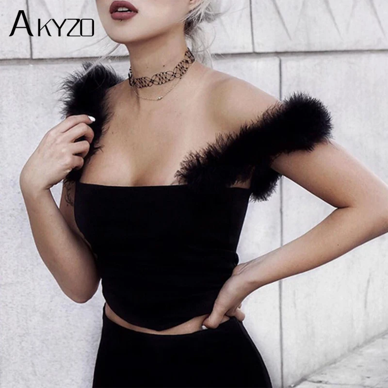 AKYZO 2017 Women Fuzzy Faux Fur Spaghetti Crop Tops Feathers Strap Camis Black Tank Top Sexy Backless Bustier S-L
AKYZO 2017 Women Fuzzy Faux Fur Spaghetti Crop Tops Feathers Strap Camis Black Tank Top Sexy Backless Bustier S-L