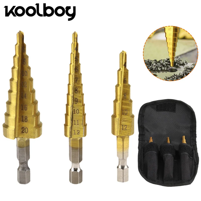 Koolboy 3Pcs Step Drill Bit Set with tool bag Case High Speed Steel Titanium Cobalt Bits for Metal wood Center Drill Bit kit
Koolboy 3Pcs Step Drill Bit Set with tool bag Case High Speed Steel Titanium Cobalt Bits for Metal wood Center Drill Bit kit