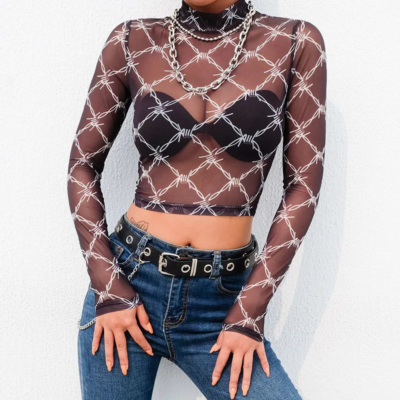 Summer Women Sexy Perspective Long Sleeve T-shirt Women Mesh Print Streetwear Crop Top Dark wind Fashion Tshirt Femme Tops
Summer Women Sexy Perspective Long Sleeve T-shirt Women Mesh Print Streetwear Crop Top Dark wind Fashion Tshirt Femme Tops