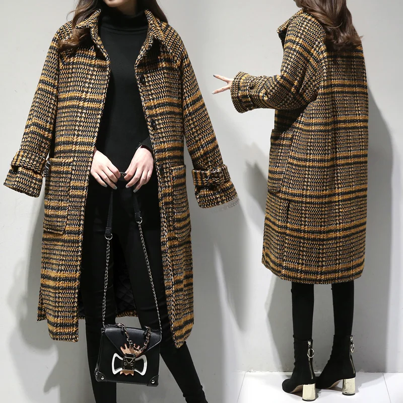 Spring Winter fashion Women Wool Blends Plaid Coat Femal Thick Turn-Down Striped Printed Long Loose Woolen coat Outerwear
Spring Winter fashion Women Wool Blends Plaid Coat Femal Thick Turn-Down Striped Printed Long Loose Woolen coat Outerwear