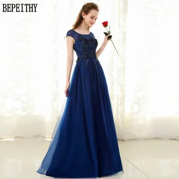 BEPEITHY Vestido De Festa A-Line Tulle Cap Sleeve Scoop Lace Beads Flower Appliques Navy Blue Prom Dress Long Evening Dress 2019 
BEPEITHY Vestido De Festa A-Line Tulle Cap Sleeve Scoop Lace Beads Flower Appliques Navy Blue Prom Dress Long Evening Dress 2019