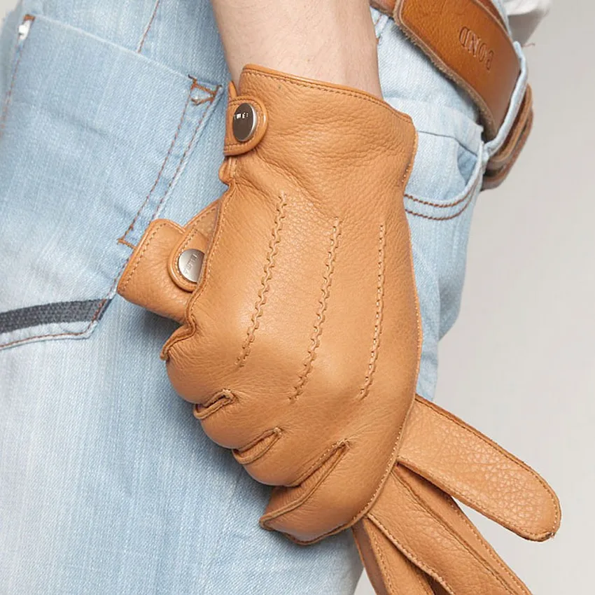 Image EM012WR01  warm Luxury deerskin men gloves fashion wrist genuine leather gloves warm winter leather driving gloves