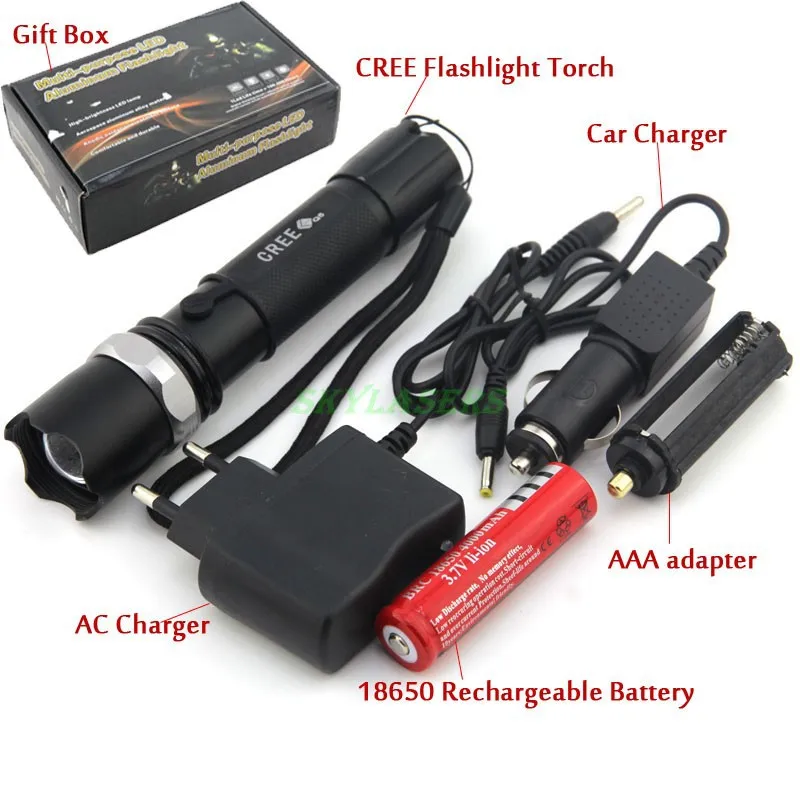 flashlight 2000 Lumens High Power Torch Zoomable led flashlight with AC charger + battery + box + car charger Free shipping
flashlight 2000 Lumens High Power Torch Zoomable led flashlight with AC charger + battery + box + car charger Free shipping