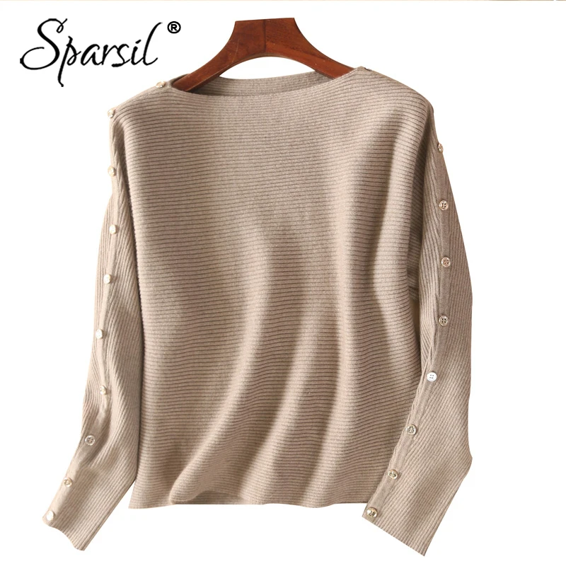 Sparsil Women Autumn Pure Cashmere Short Sweater Sexy Slash O Neck Button Fashion Pullover Loose Female Knitted Jumper Sweaters
Sparsil Women Autumn Pure Cashmere Short Sweater Sexy Slash O Neck Button Fashion Pullover Loose Female Knitted Jumper Sweaters