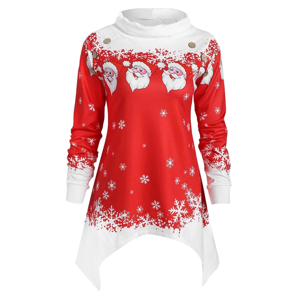 

christmas shirt women Snowflake Print crew Neck Asymmetric Santa Claus Xmas Tunic winter Tops tshirt camiseta mujer