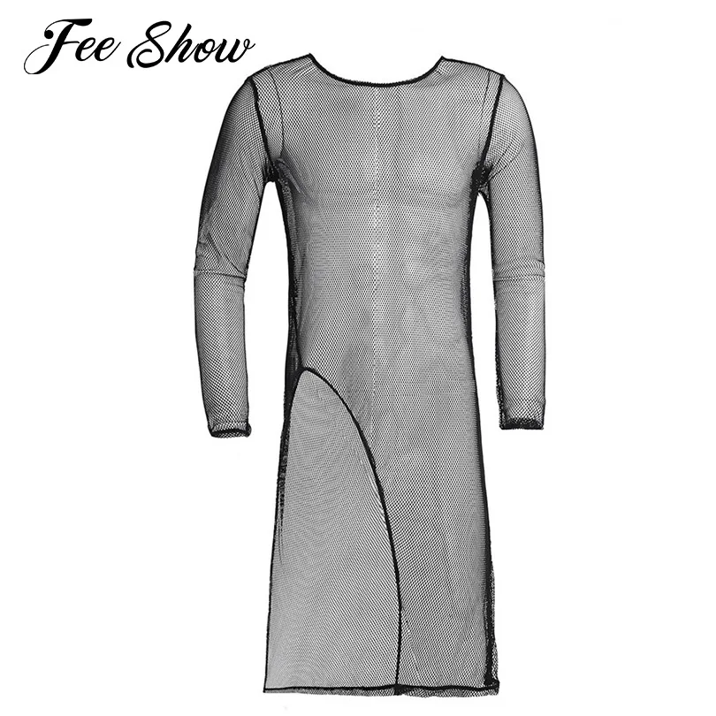 

Fanshion Sexy Men O-neck Long Sleeves Undershirt Clubwear Crew Neck Stretchy Mesh Openwork See-through Front Split Long T-Shirt