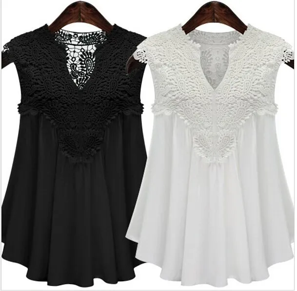 2016 Women Shirts Sexy V-neck Chiffon blouse Sleeveless Lace Summer Casual Fashion Loose shirt Tops Blouses Big Size 5XL S1835
2016 Women Shirts Sexy V-neck Chiffon blouse Sleeveless Lace Summer Casual Fashion Loose shirt Tops Blouses Big Size 5XL S1835