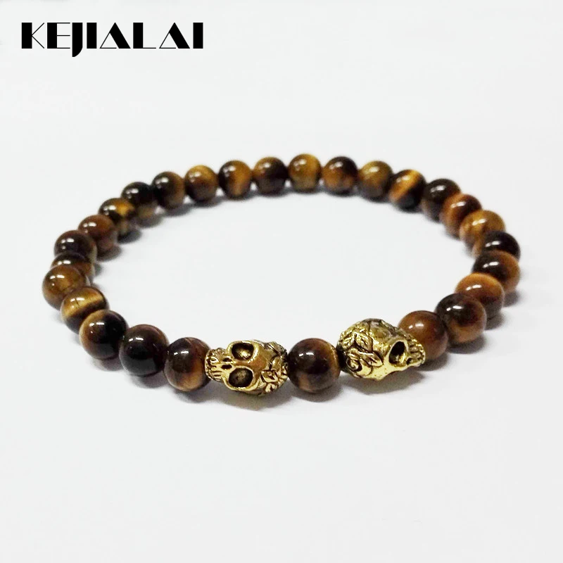 New Beaded Men's Bracelets 6mm A Grade Natural Yellow Tiger Eye Gem Stone Beads Double Gold Skull Jewelry | Украшения и