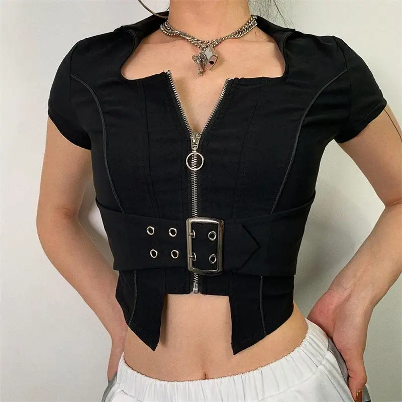 Fashion Punk Black Crop Top Metal Buckle Slim Women Bodycon T-shirts Gothic Dark Stand Neck Tops Streetwear Cool Female Tshirts
Fashion Punk Black Crop Top Metal Buckle Slim Women Bodycon T-shirts Gothic Dark Stand Neck Tops Streetwear Cool Female Tshirts