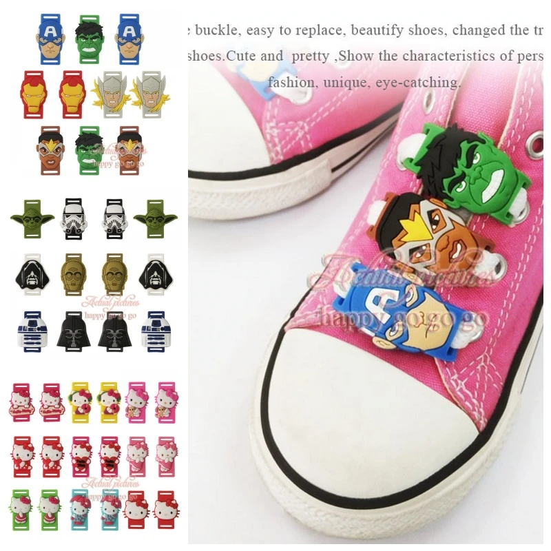 Kids gift 6pcs/lot Shoe Buckles Accessories Shoe Lace Abrasion Hello Kitty Star War The Avengers shoelace shoe decoration
Kids gift 6pcs/lot Shoe Buckles Accessories Shoe Lace Abrasion Hello Kitty Star War The Avengers shoelace shoe decoration