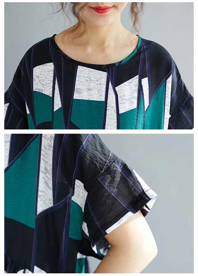 Geometry Irregular Print Cotton Linen Casual Summer Dress 2019 O-neck Short Sleeve Women Midi Dress Vestidos (4)