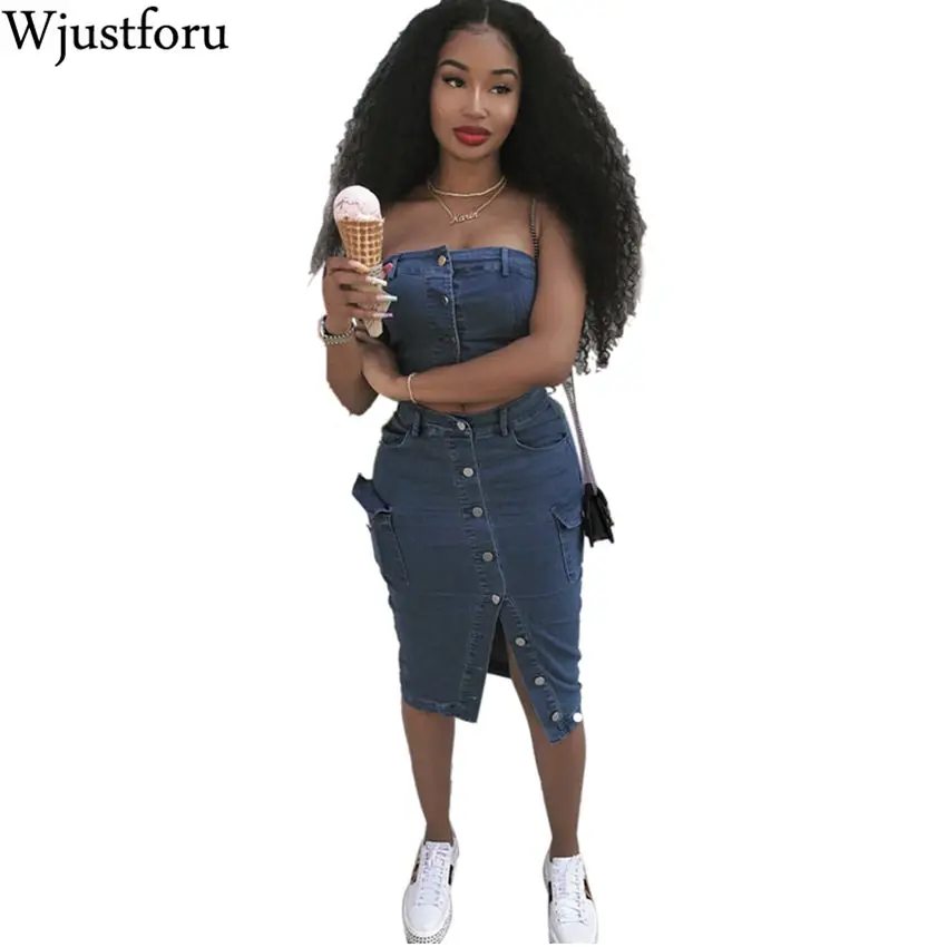 Wjustforu Sexy Denim Two Piece Skirt Women Off Shoulder Crop Tops + Long Skirts Female Summer Fashion Bodycon Two Piece Set Slim
Wjustforu Sexy Denim Two Piece Skirt Women Off Shoulder Crop Tops + Long Skirts Female Summer Fashion Bodycon Two Piece Set Slim