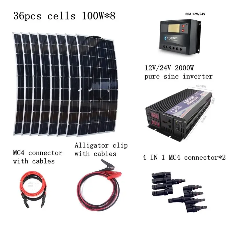 

8pcs 100W Solar Panels Kit with 2000W Inverter 30A Controller Quick Connection Cables Emergency 800W Solar Power System