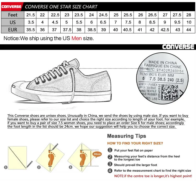 Converse Sneakers Size Chart