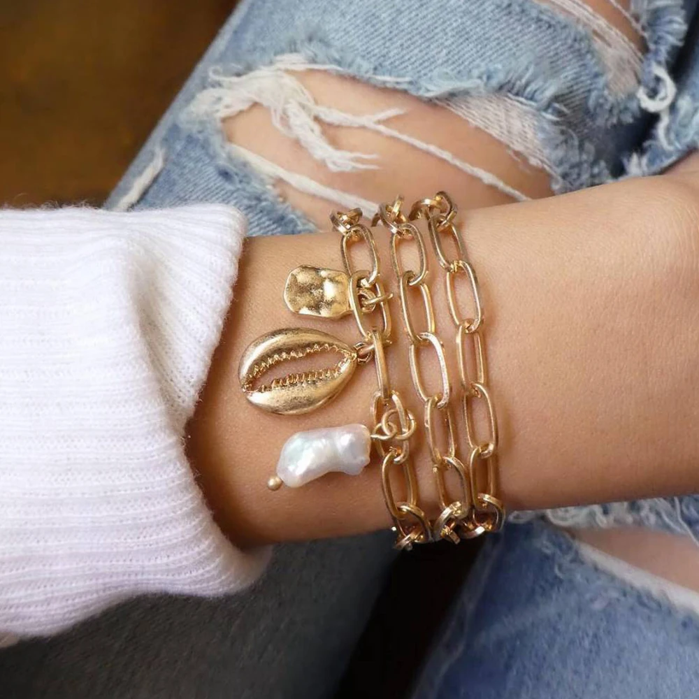 3 Pcs/ Set Classic Multilayer Gold Chain Bracelet Set Women Fashion Beach Shell Pearl Irregular Pendant Bracelet Lover Gift
3 Pcs/ Set Classic Multilayer Gold Chain Bracelet Set Women Fashion Beach Shell Pearl Irregular Pendant Bracelet Lover Gift