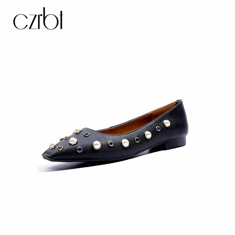 CZRBT Spring Autumn Woman Flats Shoes Casual Loafers Slip On Women Square Toe Pearl Genuine Leather Ladies | Обувь