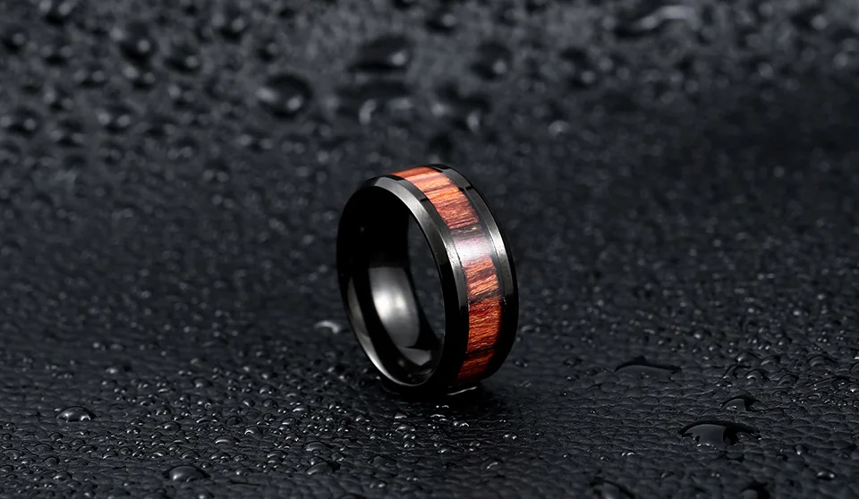 Steel soldier black ring with dark red wood inlay inside ring men unique fashion engagement jewelry 10