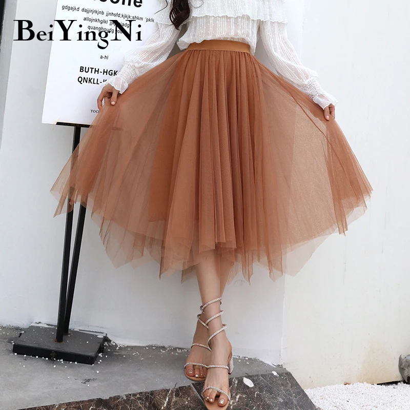 Beiyingni Tulle Skirt Women Solid Color Mesh Irregular Bridesmaid Dancing Korean Slim Tutu Skirts Vintage Cute Midi Pleated Saia | Женская
