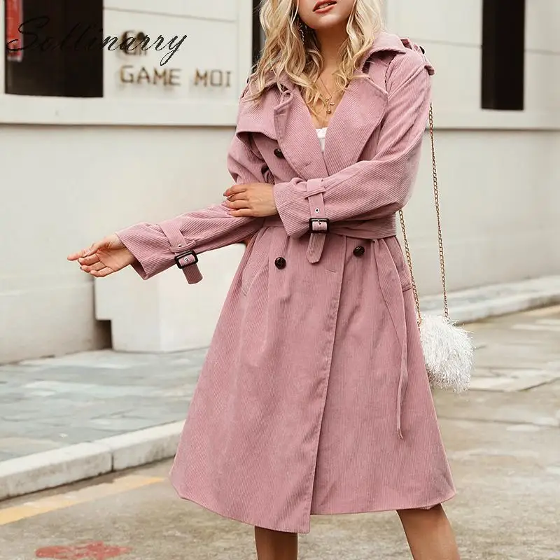 

Sollinarry Streetwear Autumn Corduroy Trenchs Coats Women High Waist Pink Long Trench Winter Chic Female OL Coats Notched lapels