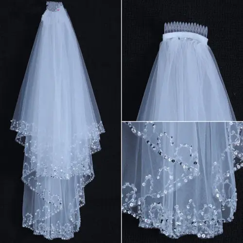 

Elbow Length White Ivory 2T Double Tiered Wedding Bridal Veil with beads