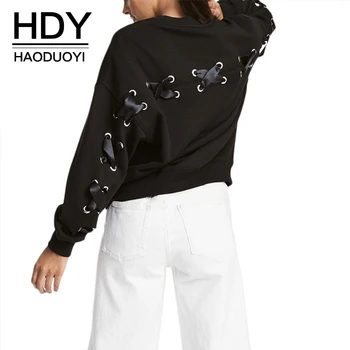 HDY Haoduoyi Women O-neck Sweatshirts Solid Back Cross Lacing Long Sleeve Hoddies Preppy Style Loose Autumn Tops for Female
HDY Haoduoyi Women O-neck Sweatshirts Solid Back Cross Lacing Long Sleeve Hoddies Preppy Style Loose Autumn Tops for Female