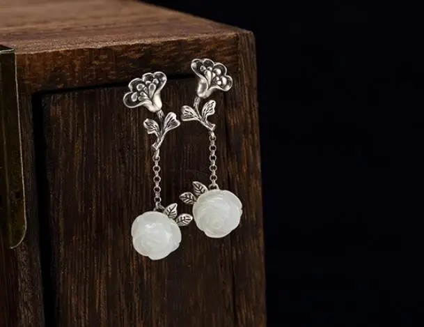 Sterling S925 925 silver Drop Earrings Natural stone Nephrite rose for woman earring 25MM