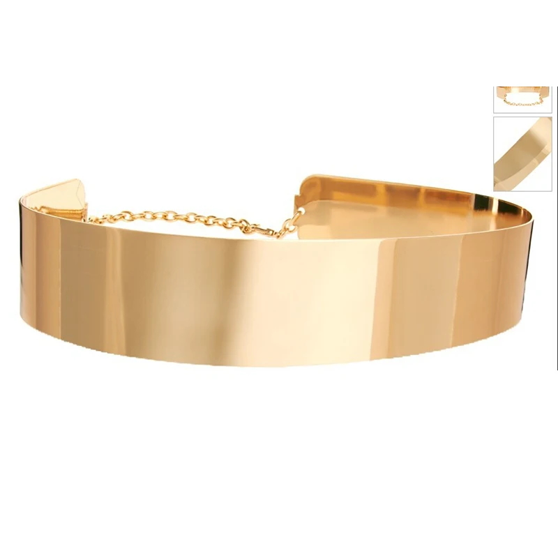 Ladies Gold Mirror Metal Plate Wide Waist Belt Elastic Leather Metallic Shiny