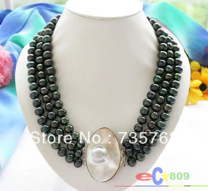 

HOT 00385 3row 11mm peacock black freshwater pearl necklace mabe clasp