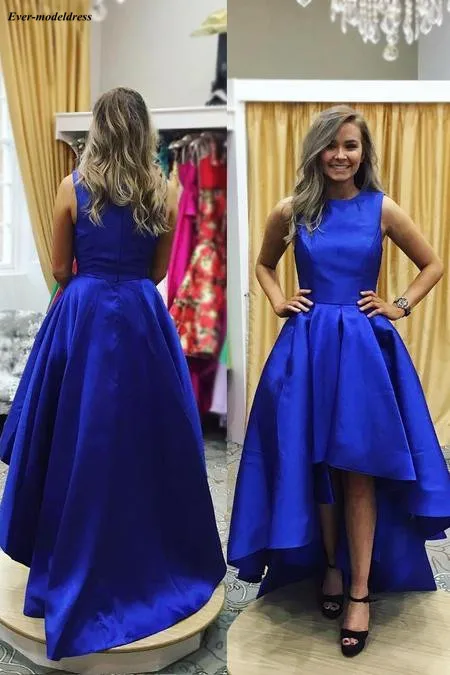 Royal Blue Hi-Lo Prom Dresses 2019 Satin O-Neck Zipper Back Floor Length A-Line Evening Party Gowns Vestido De Festa Customized 
Royal Blue Hi-Lo Prom Dresses 2019 Satin O-Neck Zipper Back Floor Length A-Line Evening Party Gowns Vestido De Festa Customized