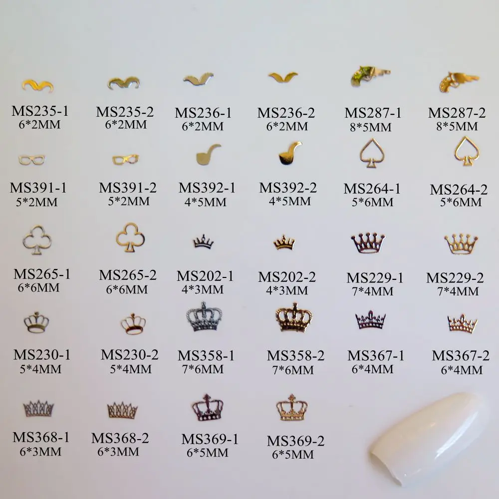 Approx. 1000pcs/bag Silver/Gold Mustache Glasses Pipe Poker Crown non-adhesive Soft Metal Sticker Nail Art Deco
Approx. 1000pcs/bag Silver/Gold Mustache Glasses Pipe Poker Crown non-adhesive Soft Metal Sticker Nail Art Deco