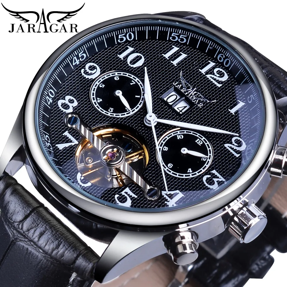 

Jaragar Brand Men Watches Automatic Mechanical Watch Tourbillon Black Date Clock Leather Business Wristwatch Relojes Hombre Gift