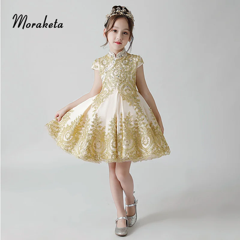 Luxury Appliques Rhinestone Princess Short Girls Pageant Dresses Vintage High Neck Sleeveless Ball Gown Gold Flower Girl Dress
Luxury Appliques Rhinestone Princess Short Girls Pageant Dresses Vintage High Neck Sleeveless Ball Gown Gold Flower Girl Dress