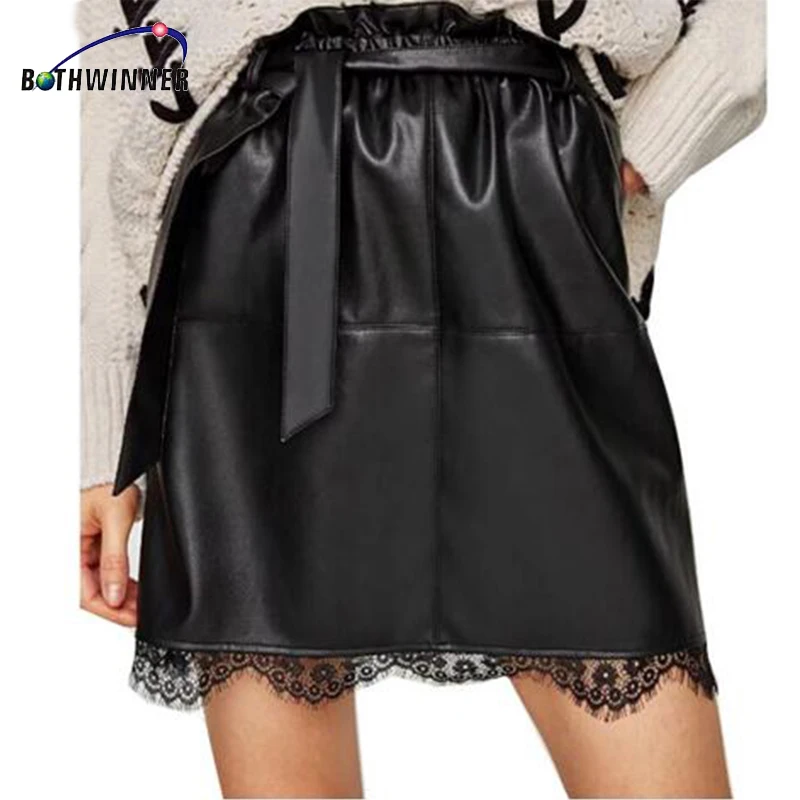 Фото Женская короткая юбка Bothwinner Parperbag кружевная кожаная с высокой - купить