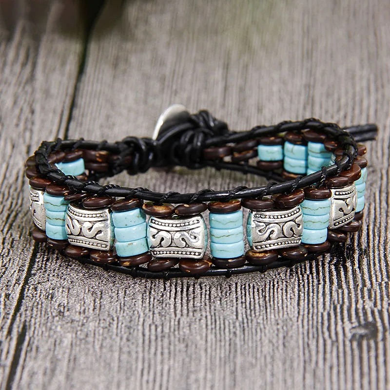 Beaded Leather Wrap Bracelet Turquoises Native American Style Men's Boho Wood Beads Bangle Women Stainless Steel Button
Beaded Leather Wrap Bracelet Turquoises Native American Style Men's Boho Wood Beads Bangle Women Stainless Steel Button